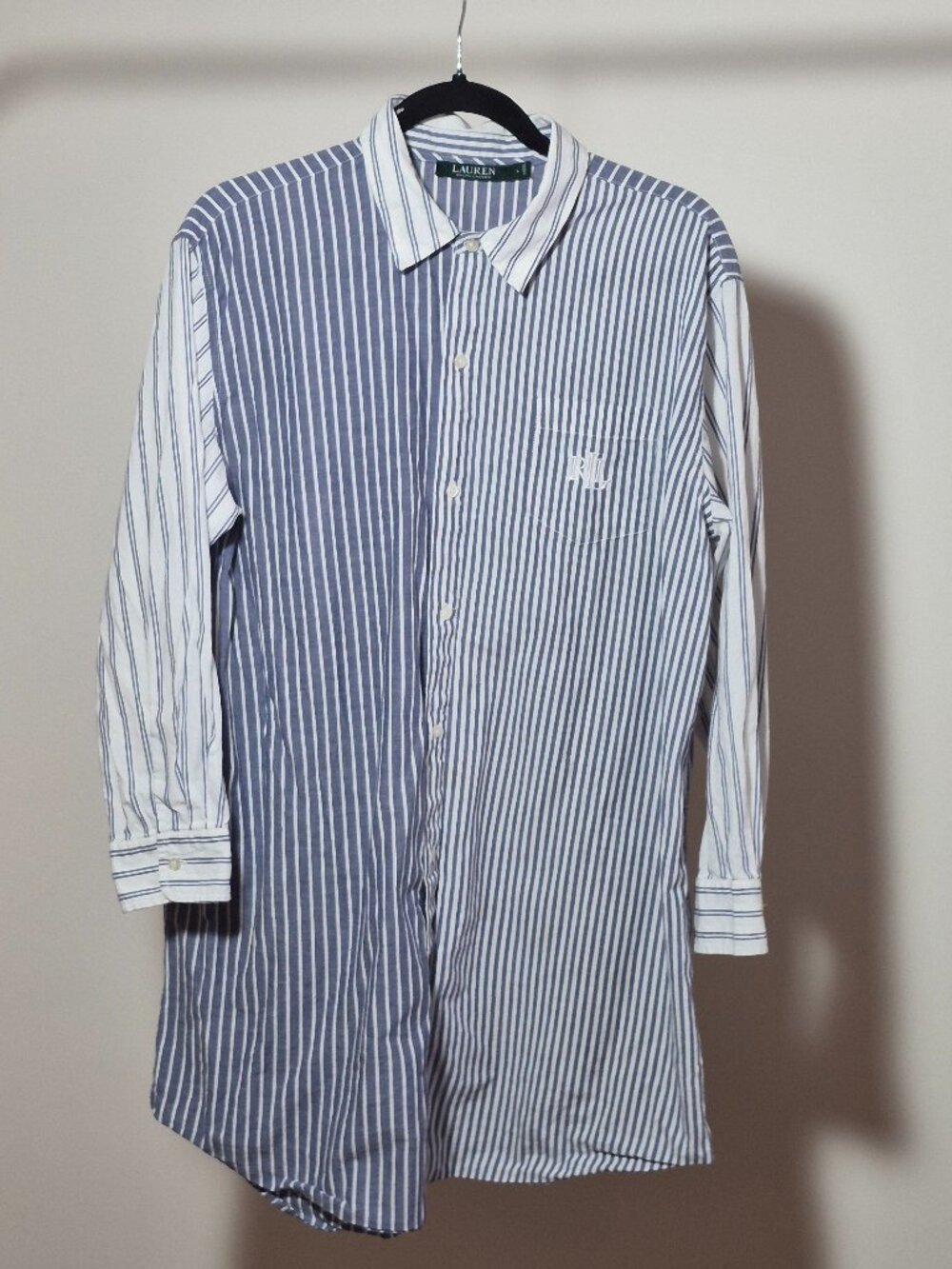 Lauren Ralph Lauren Womens L Blue White Stripe Cotton Tunic Shirt RL Monogram